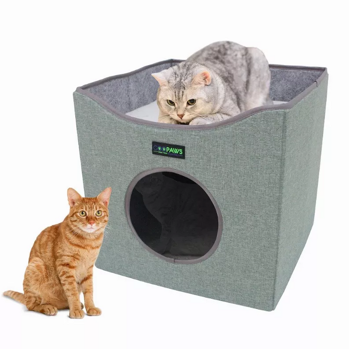 JESPET Foldable Cat Condo, Cat Cube House & Sleepping Bed with Lying Surface and 2 Reversible Cushions, Cat Hiding Place, Cat Cave, Linenette Fabric, Felt and Engineered Wood, Scratch Resista