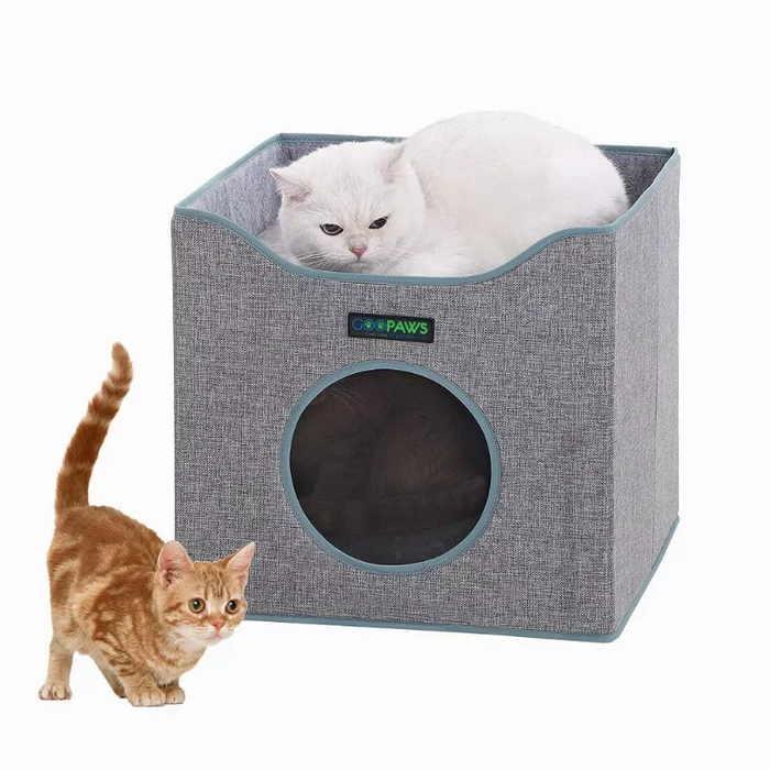 JESPET Foldable Cat Condo, Cat Cube House & Sleepping Bed with Lying Surface and 2 Reversible Cushions, Cat Hiding Place, Cat Cave, Linenette Fabric, Felt and Engineered Wood, Scratch Resista